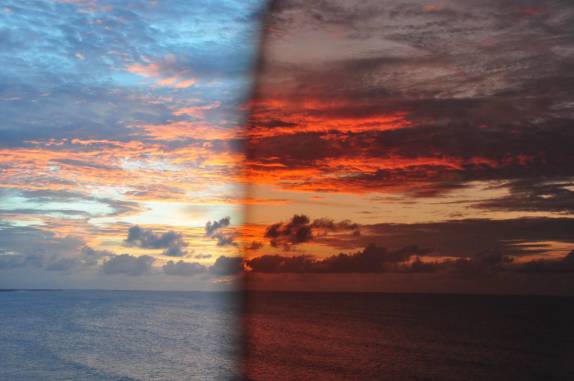 Cores do pôr-do-sol, visto a olho-nu e com óculos escuro, em Jericoacoara - CE